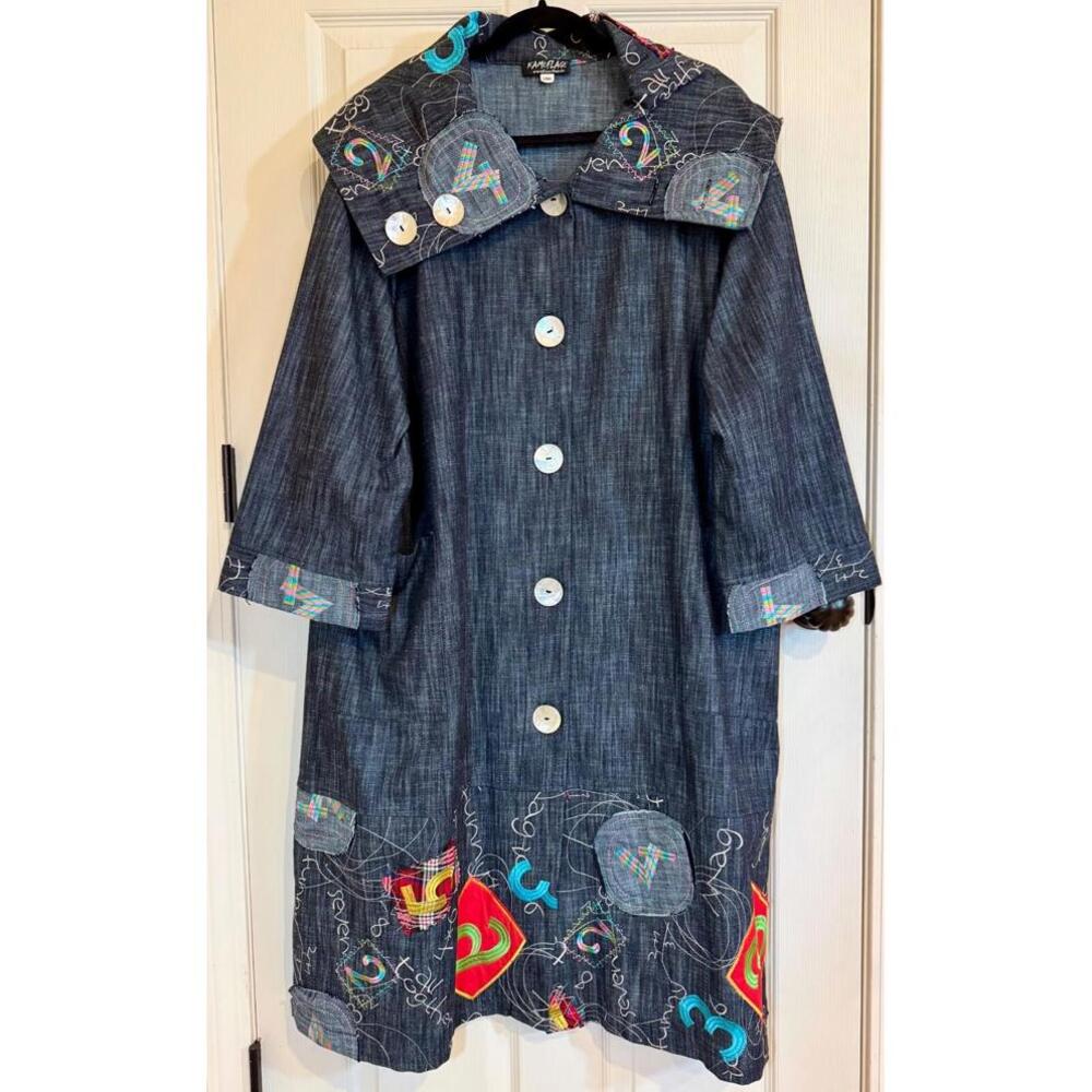 Boho Lagenlook  Art to Wear Denim Topper by Kamuflage Beautiful Embroidery OSFM
